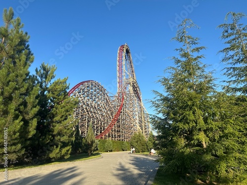 A thrilling shot of Zadra, the largest hybrid roller coaster in Energylandia amusement park, Zator, Poland. 