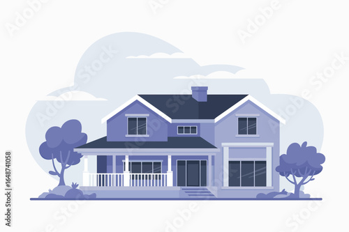 Beautiful suburban two-story house with a porch and trees