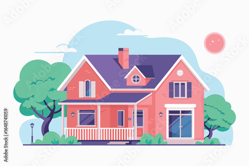 Charming suburban two-story house with a welcoming porch and lush green trees on a sunny day