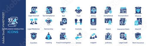 Compliance Consulting icon set. Containing Legal Counsel, Tax Compliance, Bail, Trust, Ethics, Incorporation
