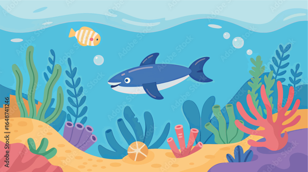 Naklejka premium Charming Ocean Scene with Friendly Shark and Coral Reef