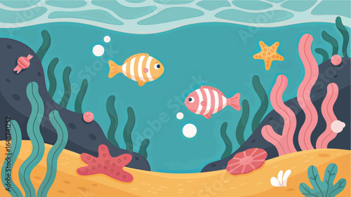 Charming Underwater World with Coral Reef and Fish Swimming Amidst Seaweed Bubbles and Starfish