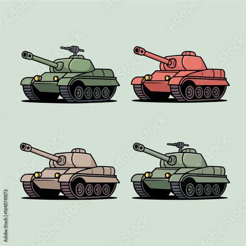 Four different colored cartoon tanks arranged in a grid on a light green background