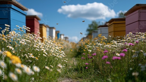 Beehives painted in various colors stand amidst blooming wildflowers under a clear sky.