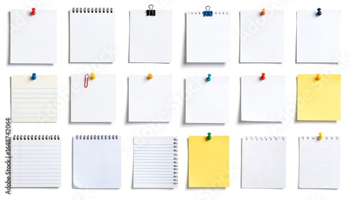 Assorted notepads and paper sheets pinned on white background, office supplies