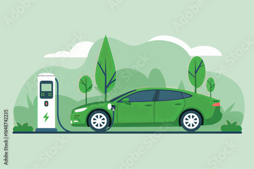 Modern Electric Vehicle Charging at a Sustainable Green Energy Station Surrounded by Trees and Hills
