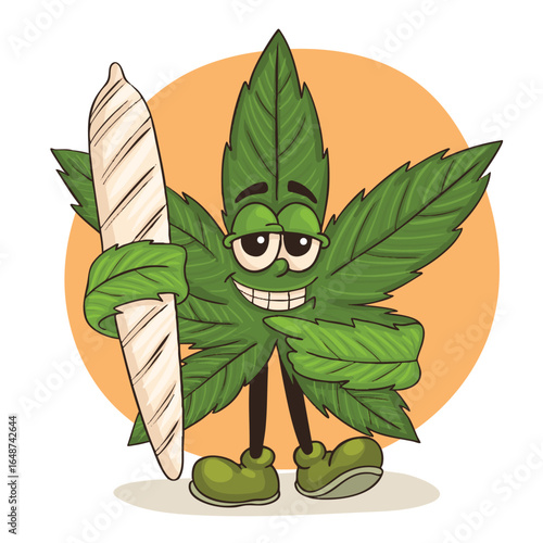Funky face weed walking retro style mascot. cannabis vintage style mascot.