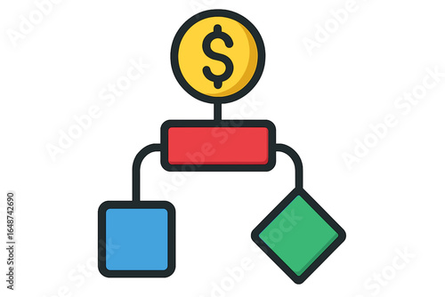 Financial flowchart with dollar symbol and colorful boxes business flow path