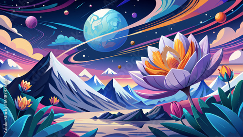Semi-realistic vector art captures each petal, mountain curve, and celestial body in luminous detail, blending cosmic wonder with earthly charm, creating a dreamlike landscape that feels timeless, mag
