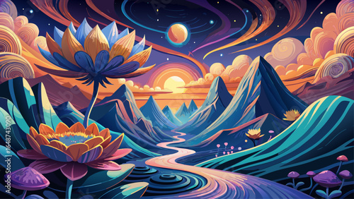 Semi-realistic vector art captures each petal, mountain curve, and celestial body in luminous detail, blending cosmic wonder with earthly charm, creating a dreamlike landscape that feels timeless, mag