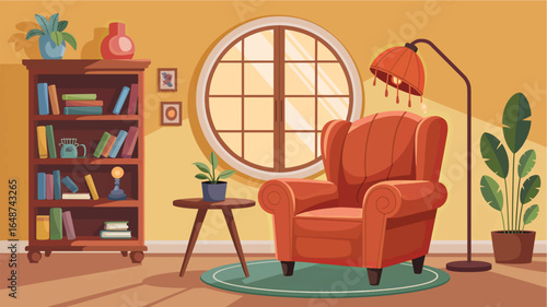 Cozy living room scene with comfortable armchair and bookshelf