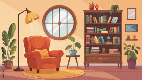 Cozy Living Room Scene With Armchair Bookshelf And Plants In Warm Sunlight