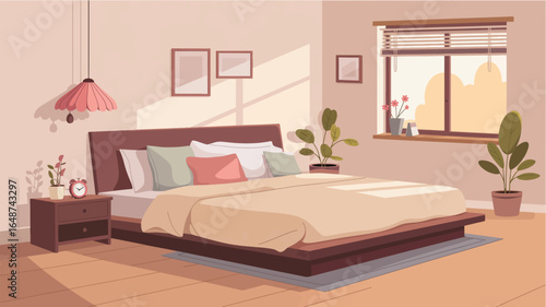 Cozy Bedroom Scene with Sunlight Streaming Through Window