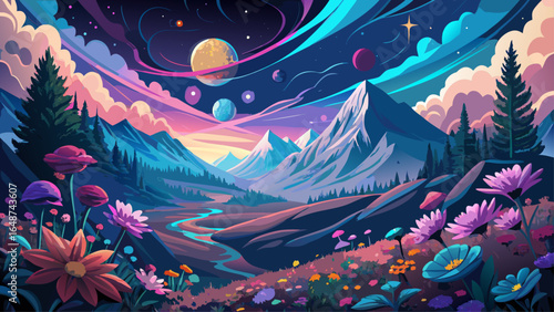Under the vast night sky, a mountain valley blooms with delicate flowers, their colors glowing beneath distant planets, casting a surreal harmony between nature’s beauty and the universe’s infinite my