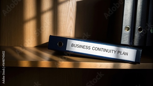Business Continuity A business continuity plan binder on a shelf, surrounded by shadows and light.