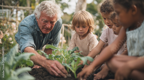 Wallpaper Mural Elderly man teaching children gardening outdoors, planting vegetables together, joyful learning Torontodigital.ca