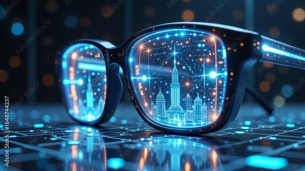 Fototapeta premium Futuristic eyeglasses with holographic data interface reflections