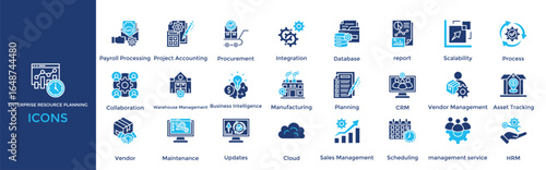 Enterprise Resource Planning icon set. Containing  Project Accounting, Procurement, Integration, Database, report, Scalability