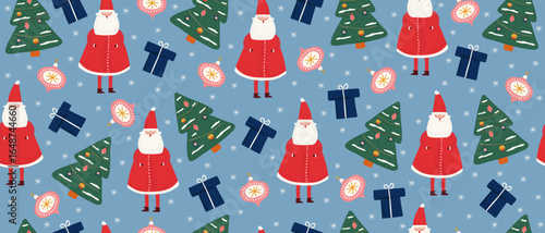 Seamless Christmas and New Year hand drawn pattern with Santa Claus, fir trees, gift box and decorations for winter holiday design.