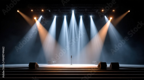 Stage spotlight microphone empty dramatic performance concert theater Empty stage with dramatic