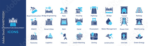 Infrastructure Development icon set. Containing Park, Housing, Highway, Bridge, Tunnel, Railway, Airport