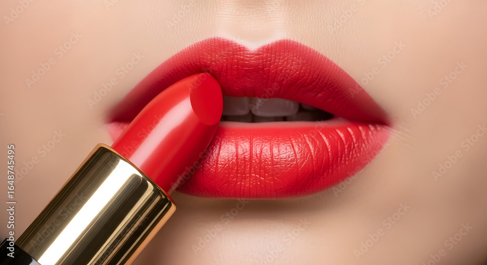 Obraz premium Lipstick bullet in a bold red hue, partially applied on smooth model lips