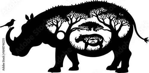 Hippo Silhouette with Tropical Jungle Plants Vector Illustration