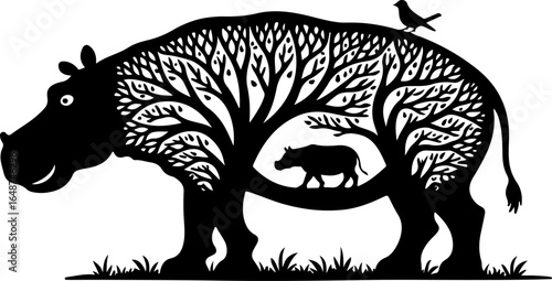 Hippo Silhouette with Tropical Jungle Plants Vector Illustration