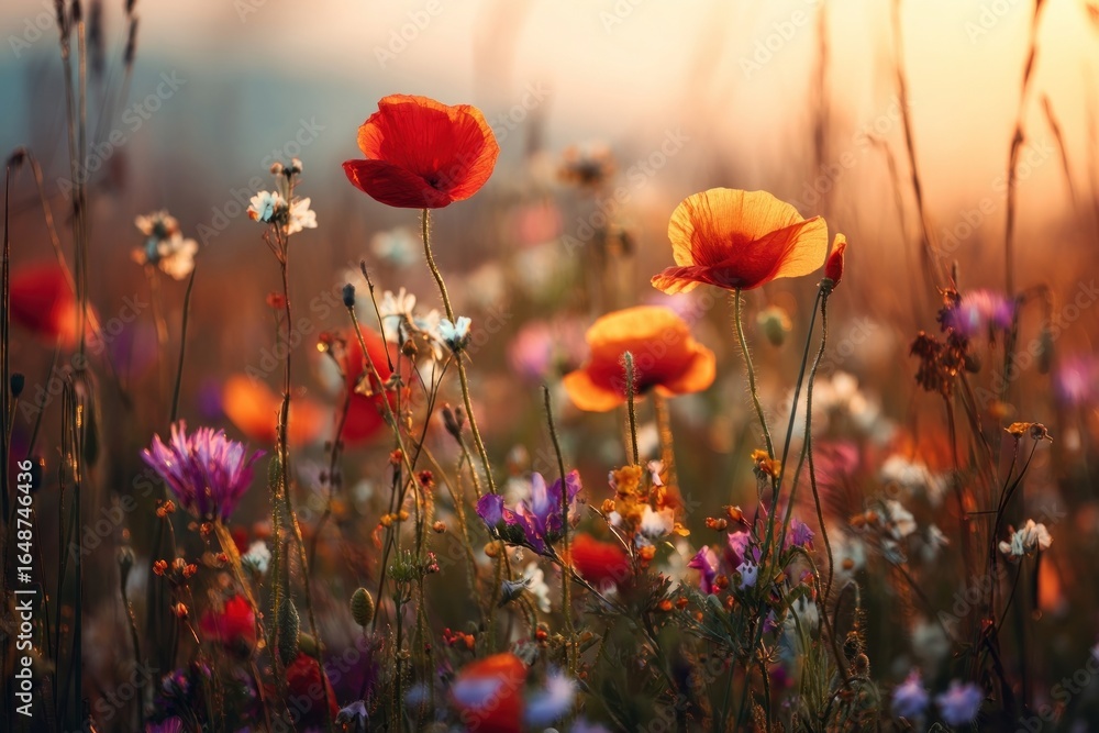 Obraz premium Beautiful summer meadow with colorful wildflowers at sunset poppy outdoors blossoms.