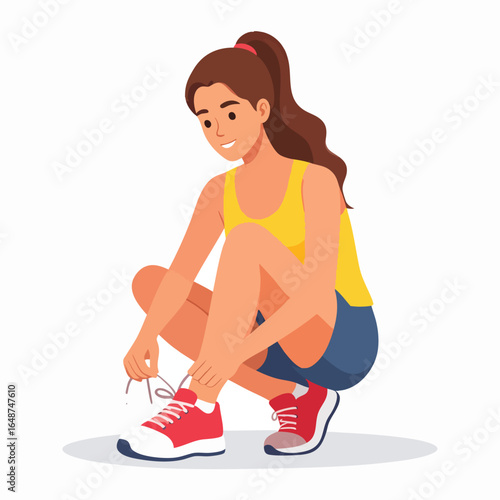 Young woman crouching, tying shoelaces on red running shoes, preparing for exercise.