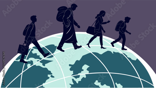 Global migration and travel people walking on the world immigration diaspora and international movement concept
