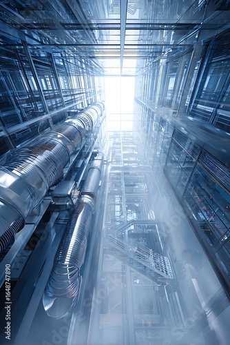 Interior view of a futuristic metal building with complex piping and structures.