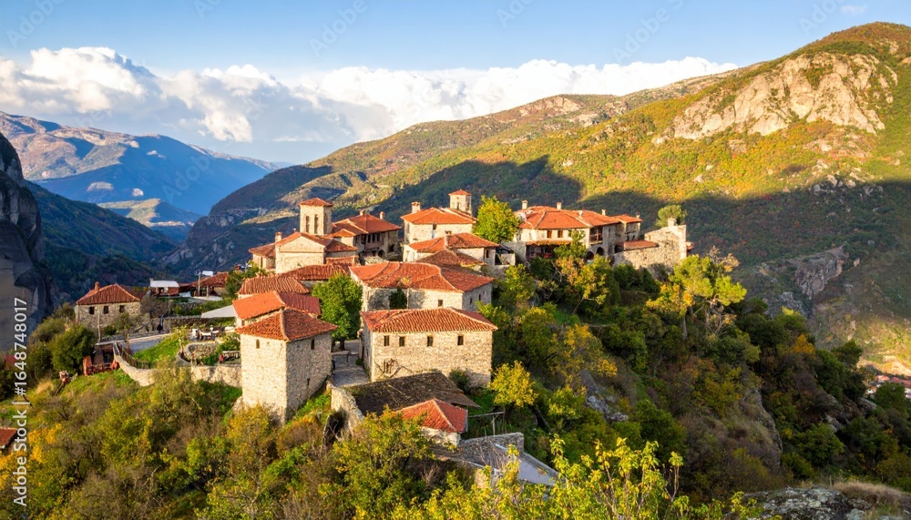 Obraz premium Landscape view of a picturesque European mountain village with a church and houses, overlooking the sea