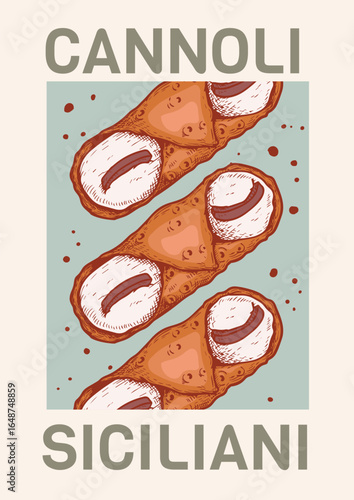 Sicilian Cannoli retro poster. Hand drawn sweet pastry in sketch style. Vintage design template. Vector illustration.