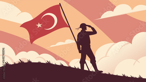 Turkey national day illustration with soldier silhouette and turkish flag against sunset background design
