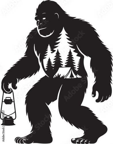 Bigfoot adventurer with lantern explores mysterious forest camping scene