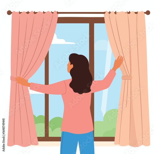 Woman opens pink curtains to reveal a window with a view of blue sky and green trees.