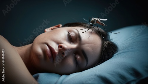 Woman sleeping mosquito attack closeup, Nighttime mosquito feeding on face