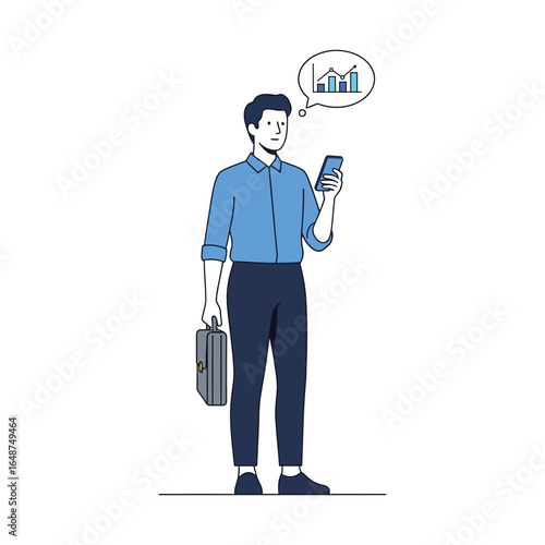 A businessman holding a briefcase and smartphone, thinking about financial data charts and graphs.