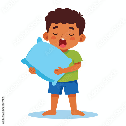 A young boy with brown hair and skin is yawning while holding a blue pillow.