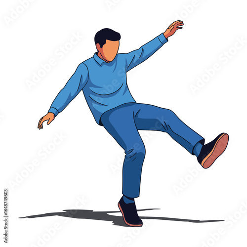 A stylized vector illustration of a man in blue clothing losing his balance and falling over.