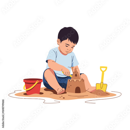 A young boy sits in the sand, carefully building a sandcastle with a small shovel.