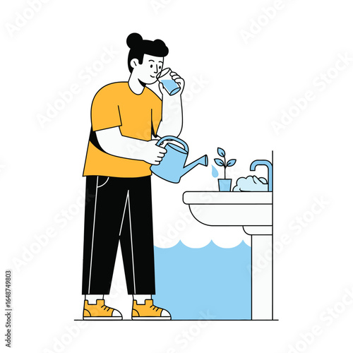 A person drinks water and tends to a plant while ignoring an overflowing sink, symbolizing water waste.