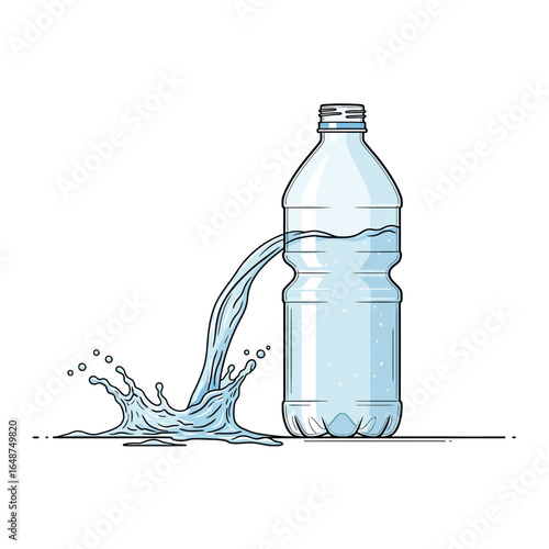 An illustration of a plastic bottle with a hole, leaking water that creates a splash on the ground.