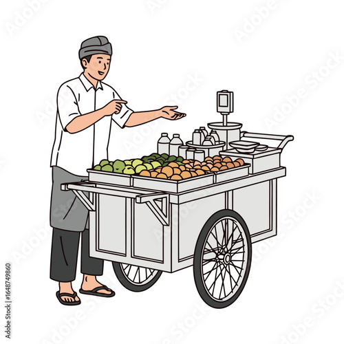An illustration of a friendly street food vendor from Southeast Asia selling traditional cuisine from his pushcart.