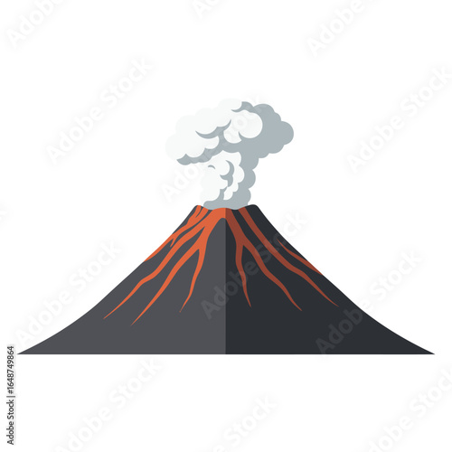 A stylized illustration of an erupting volcano, featuring a plume of smoke and streams of molten lava.