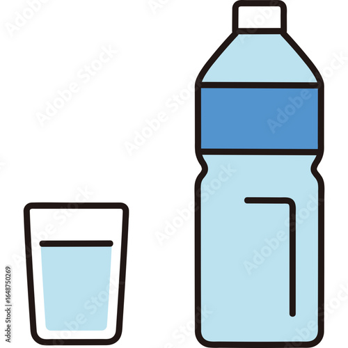 Simple vector illustration of a plastic bottle of pure water and a glass, symbolizing hydration and healthy lifestyle.