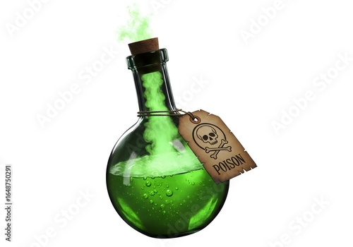 Green potion bottle with poison label, bubbling liquid, and ominous green smoke