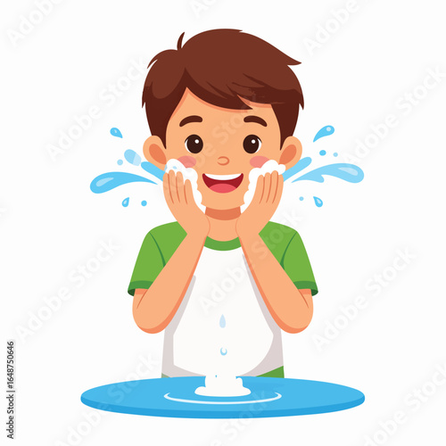 Cartoon boy washing his face with soap and water.