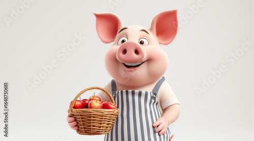 Cheerful 3D Cartoon Pig Character Holding a Wicker Basket of Fresh Red Apples, Smiling Happily on White Background